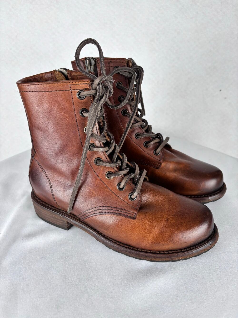 Freebird Manchester Lace Up Leather Combat Boots Brown Side Zip Women’s Size 6